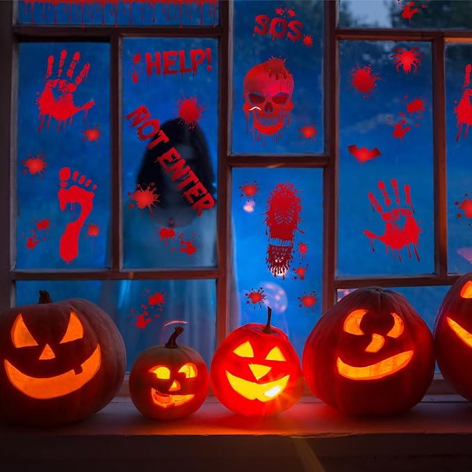 NEBURORA 6 Sheets Terror Bloody Handprint Footprint PVC Window Stickers Spooky Wall Decal and Floor Stickers for Halloween Decorations Party Decorations