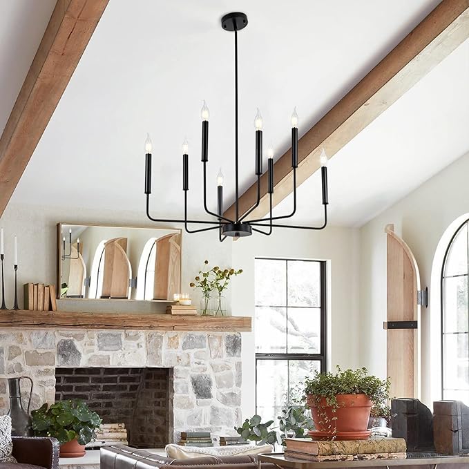 Modern Black Farmhouse Chandeliers, 8-Light Industrial Metal Chandelier Lighting, Classic Candle Hanging Pendant Light Fixtures for Kitchen Bedroom, Dining Room, Living Room,Foyer