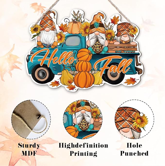 Hello Fall, Wood Hanging Gnome Decoration, Hello Fall Wood Hanging Decors, Rustic Thanksgiving Decors for Porch, Indoor Outdoor Autumn Door Decor(Truck), Housewarming Gift, Home Indoor Outdoor Decor