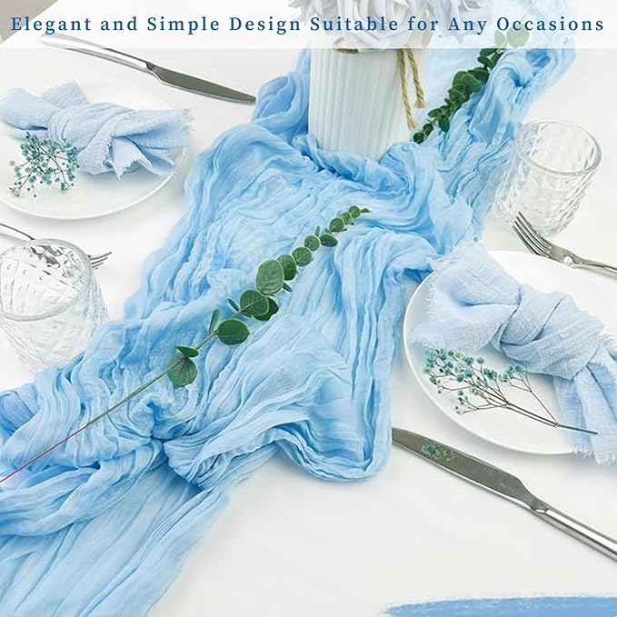 6 Pack Baby Blue Cheesecloth Table Runner 20 x 120 Inch Long Rustic Gauze Cheese Cloth Table Runner for Wedding 10FT Bridal Baby Shower Table Decorations Boho Fabric Sheer Birthday Party Table Decor