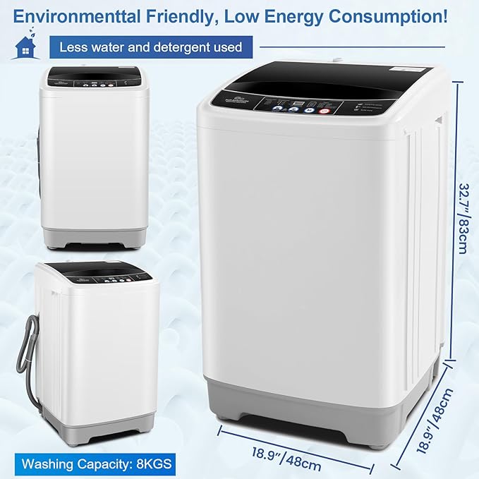 Nictemaw Portable Washing Machine 17.8Lbs Capacity Portable Washer with Drain Pump 2.4Cu.ft Full-Automatic Compact Washer with 10 Programs 8 Water Level for Home, Apartment, RV, Dorms