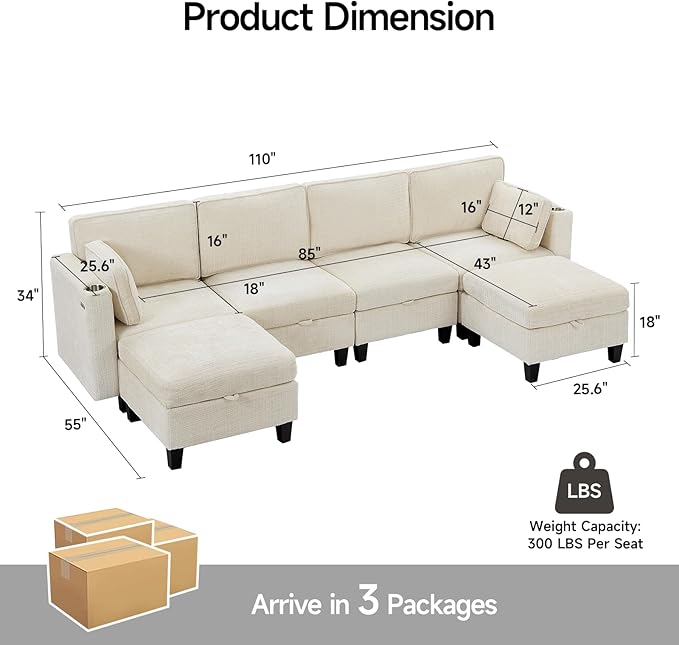 110" Modular Sectional Sofa, Convertible Sleeper Sofa Couch Bed with Adjustable Backrest, U-Shaped Chenille Cloud Couch with Ottoman Storage, Deep Seat Couches for Living Room,Beige