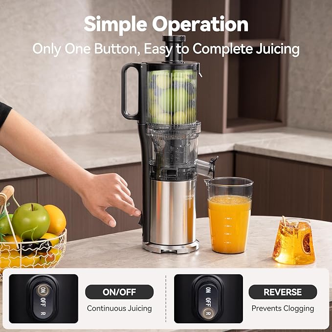 Juicer Machines, Cold Press Juicer with 5.0” Large Feed Chute Fit Whole Fruits & Vegetables, Stainless Steel Masticating Juicer With Pulp Seperation, 99% Juice Purity, 200W Quiet Motor, Easy to Clean