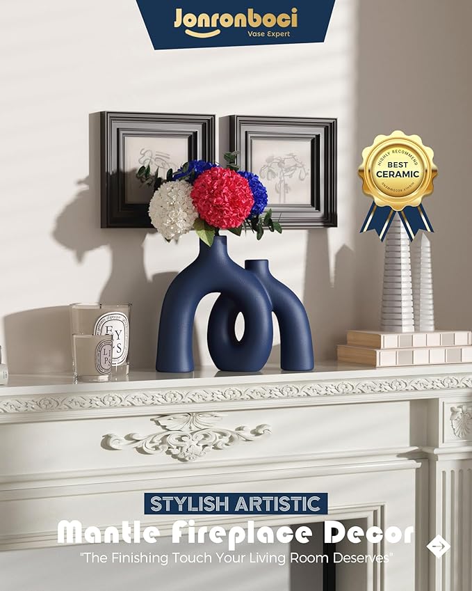 Matte Blue Vase Set - Hug Hollow Donut Aesthetic Ceramic Vases Home Decor, Navy Blue Decor Modern Coastal Decorative Vase for Table Centerpiece Bookshelf Office Entryway Console Fireplace (Navy Blue)