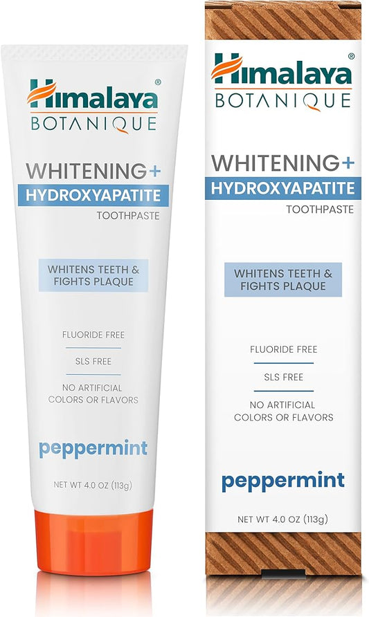 Himalaya Botanique Peppermint Whitening+ Hydroxyapatite (nHA) Toothpaste, Whiter Teeth & Fresher Breath with Hydroxyapatite Support & Peppermint Flavor, Fluoride Free, SLS Free, & Vegan, 4.0 oz (113g)
