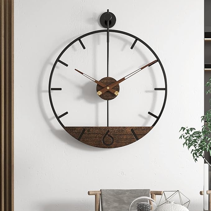 Modern Wood Walnut Dial Wall Clock, Large Simple Wall Decor Metal Frame Silent Non Ticking Clock for Living Room, Kitchen, Bedroom, Study Decoration, Handmade Home Present Idea, 29.5 in