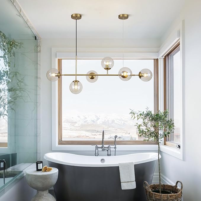 KCO Lighting Globe Linear Chandelier 6 Light Amber Glass Pendant Light Fixture Gold Kitchen Island Lighting Long Brass Sputnik Chandelier Dining Room Light Fixtures Over Table