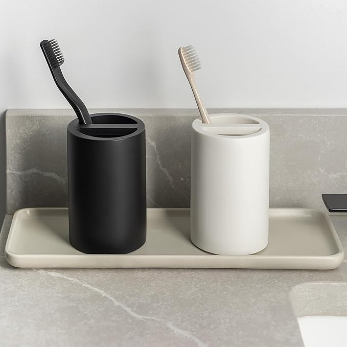 Matte Black Toothbrush Holder for Bathrooms – Modern Resin Countertop Organizer with Slots, Compact Toothbrush and Toothpaste Storage for Vanity, Hotel, Airbnb (Black)