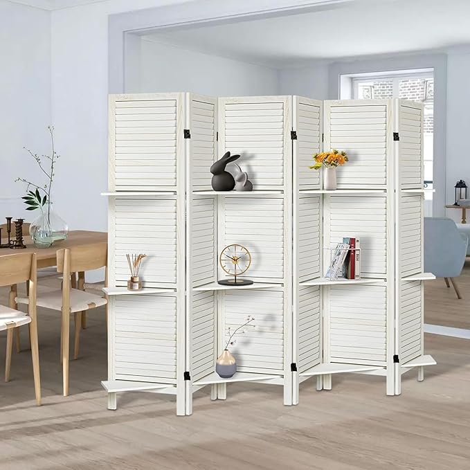 Room Divider with Shelves, Privacy Screen, Room Dividers and Folding Privacy Screens, 6 Panel Wood Temporary Wall Partition Separation Separator, White