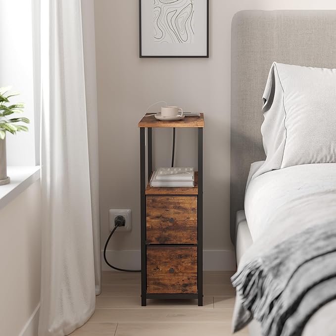 TUTOTAK Small Narrow LED End Table with Charging Station, Side Table Outlets, Nightstand with 2 Cloth Drawers, Couch Table, for Living Room, Bedroom, Bedside, Brown TB01BB085L