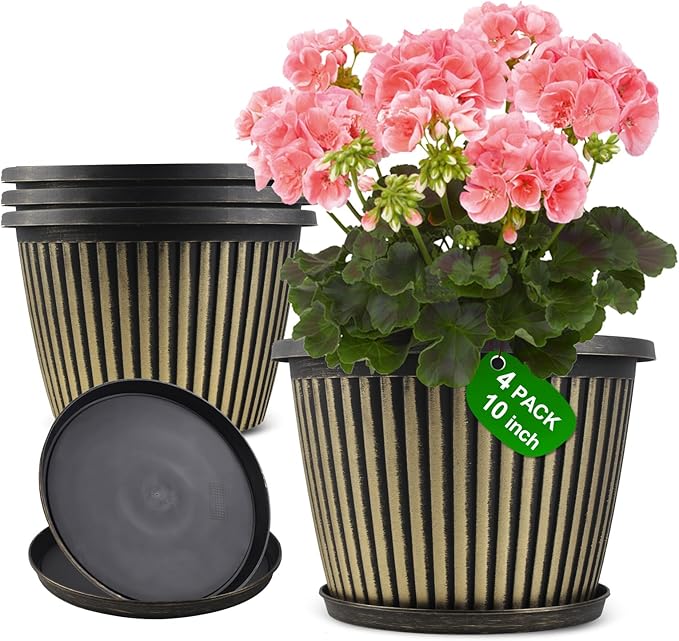 Planter-Pots-for-Plants-Indoor-Outdoor, 4 Pack 10 Inch Plastic Flower Pots with Saucer & Drainage Holes, Modern Garden Planters for Planting Medium Large Plants,Decorative Resin Garden Pots