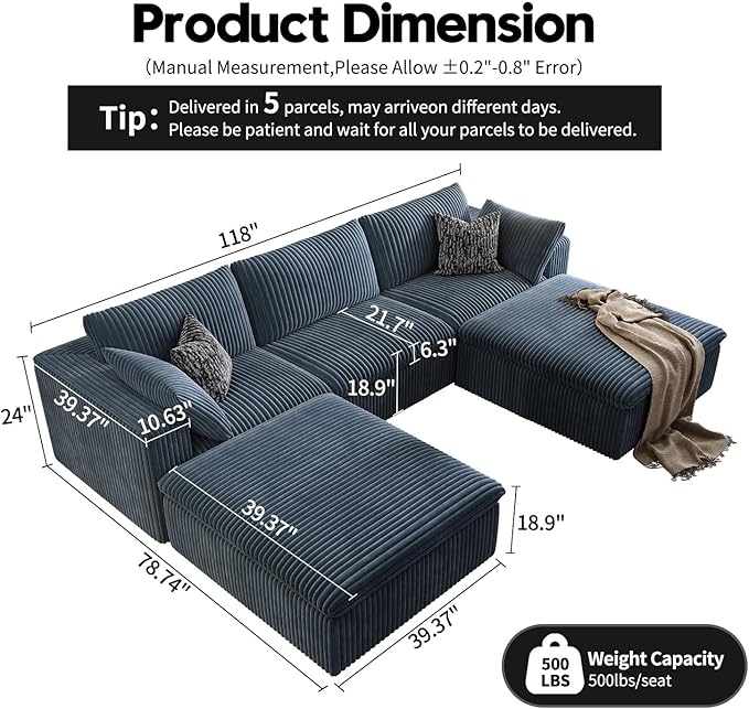 118" Cloud Couch Modular Sectional Sofa for Living Room,Modern Sofa with Deep Seat,U-Shape Boneless Couch with 2 Ottoman,Comfy Upholstered Corduroy Couches for Apartment, Studio, Office,Bedroom,Blue