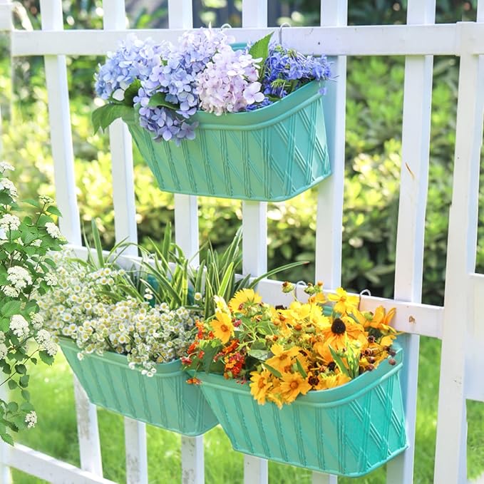 Sungmor 3 Pack Wall Hanging Planters, 16.5 Inch Railing Fence Hanging Flower Pots, Thickened Plastic Water Storage Plant Pot, Indoor Outdoor Garden Balcony Decor, Light Green Large Plant Basket