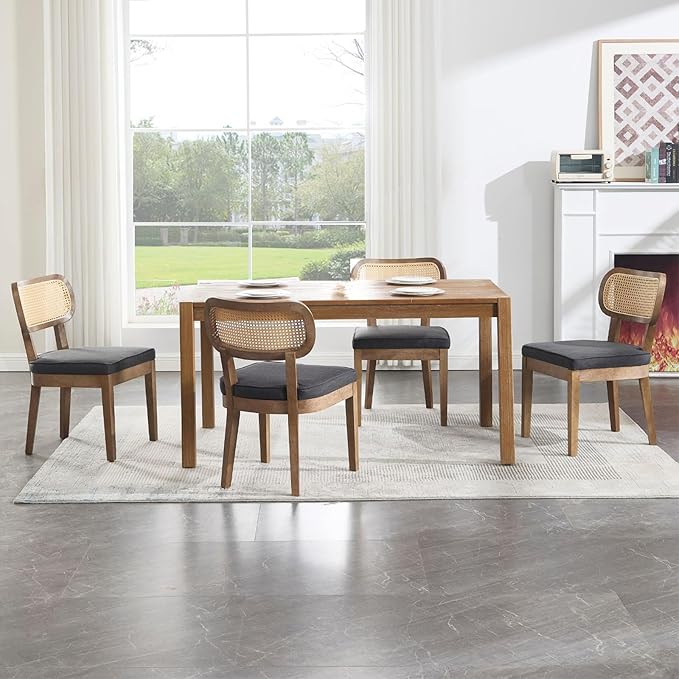 Rattan Dining Chairs Set of 6 Upholstered Linen Kitchen & Dining Room Chair with Curved Backrest Farmhouse Kitchen Chair Solid Wood Armless Side Chair for Dining Room/Restaurant, Black