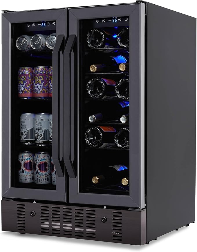 NewAir 24" Dual Zone Wine and Beverage Refrigerator, 18 Bottle & 58 Can, French Door Built-In Fridge with Lock, Black Stainless Steel Cooler, Digital Thermostat, Adjustable Shelves