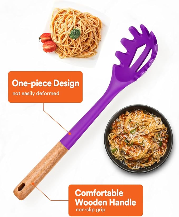 Silicone Pasta Fork, Kitchen Heat Resistant Noodle Spoon Server, BPA Free Spaghetti Strainer,12.8 inch (BERRY)