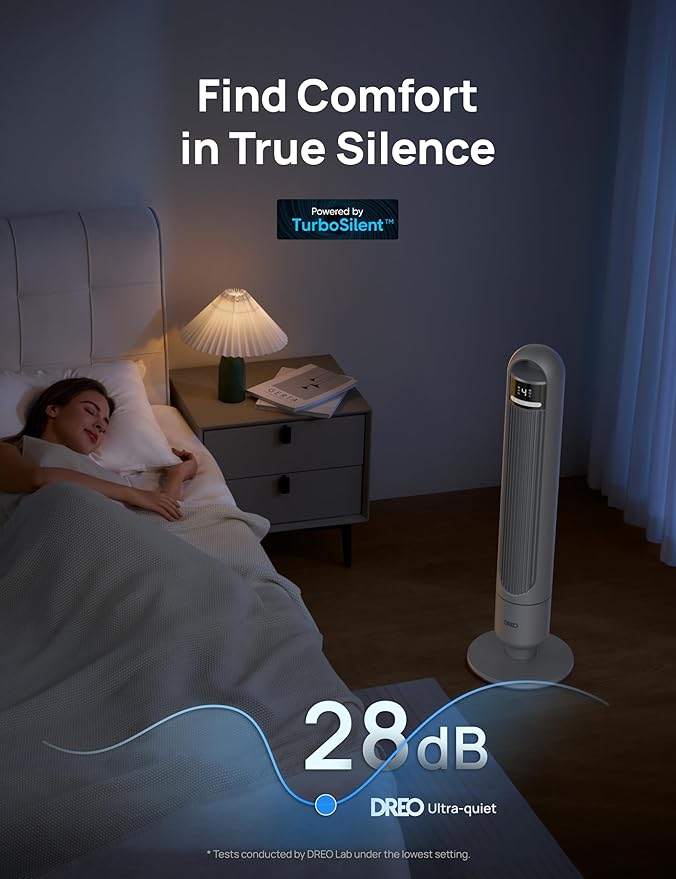 Dreo Tower Fan for Bedroom, 90Β° Oscillating Fan, Standing Fan with 3 Modes, 4 Speeds, 8H Timer Cooling Fans for Home, Living Room, Office, Grey, TF117
