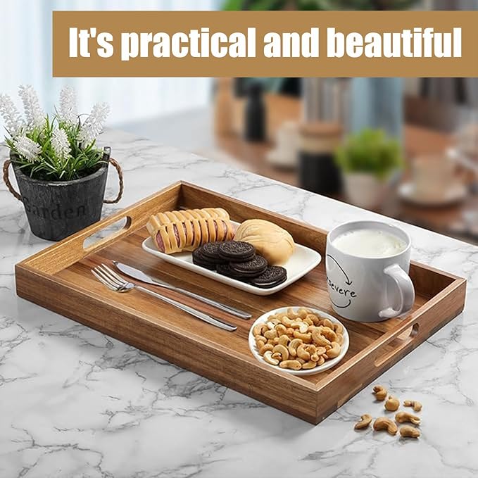 Acacia Wood Serving Tray with Handles - 17-Inch Large Wooden Tray for Ottoman - Perfect for Breakfast, Lunch, Dinner, Appetizers, Patio, Ottoman, Coffee Table,BBQ, Party – Great for Lap &Couch 