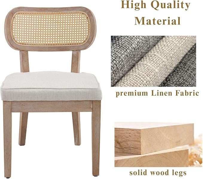Rattan Dining Chairs Set of 6 Farmhouse Wood Kitchen Chairs with Cane Back Upholstered Curved Backrest Dinner Chair Rustic Armless Side Chair for Dining/Living Room/Restaurant, Beige