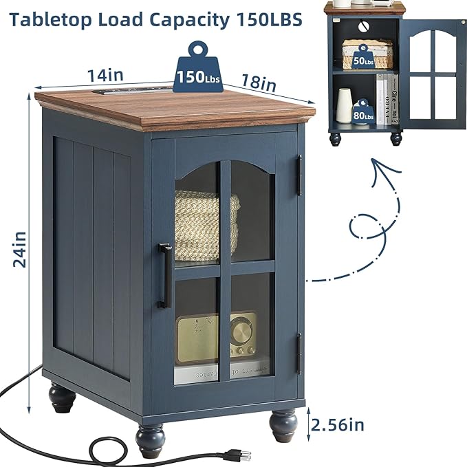 Narrow Side Table,Farmhouse Nightstand with Charging Station,Wood End Table with Glass Barn Door Storage, Cabinet Organizer with Adjustable Shelf, Night Stand for Small Spaces for Living Room Bedroom