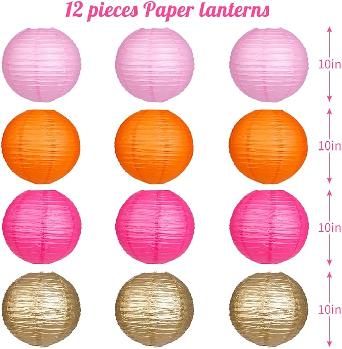 Paper Lanterns Pink Orange Gold Round Hanging Chinese Lanterns for Birthday Party Baby Shower Bridal Shower Decorations Pack of 12
