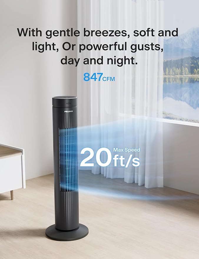 Pelonis 30-Inch Oscillating Tower Fan for Bedroom – 3 Speed, Quiet Tower Fan with Remote ControL, Small Fan, 7-Hour Timer – ETL Certified, Black