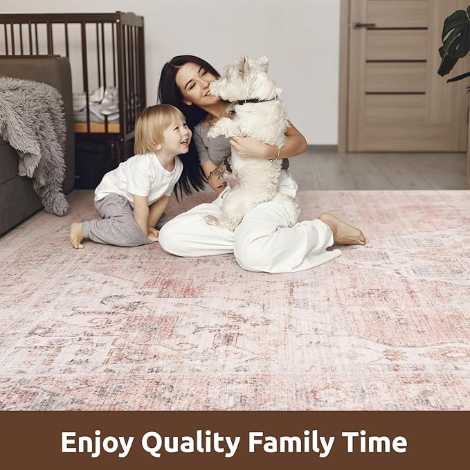 AMOAMI-3X5 Area Rug-Soft Washable Vintage Throw Accent Rugs for Living Room, Entryway, Bedroom, Kitchen, Bathroom, Laundry Room, Kitchen, Bathroom, Bedside, No Slip Pink