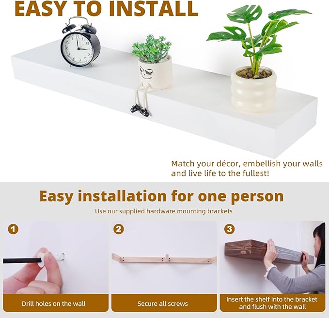 Floating Shelves 3 inch Thick for Wall Set of 2,Solid Pine Wood Wall Mount Shelf for Kitchen Living Room Bedroom Bathroom,8" D x 60" L x 3" H-White