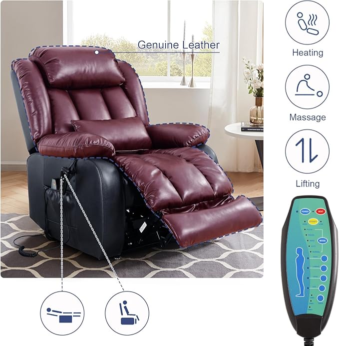 MAEVIS Large Genuine Leather Power Lift Recliner Chair, Dual Motor Recliner for Elderly,Extended Footrest and Lumbar Pillow for Tall Man,with Heat and Massage, USB and Type-C Ports(Deep Blue)