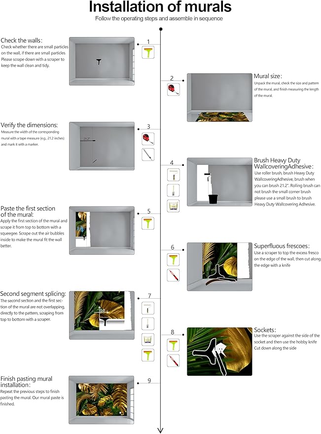 WFBHUA-Gold and Green Tropical Jungle Palm Leaf Wallpaper Mural Monstera Wall Mural for Living Room Bedroom (Not Peel and Stick)
