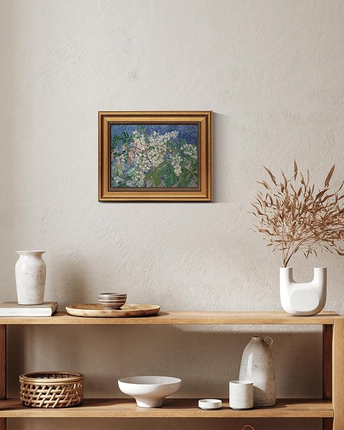 HUARCEY Gold Framed Vintage Wall Art for Living Room, Flowers Painting Canvas Prints Shelf Decor for Kitchen, Van Gogh Bedroom Wall Art, Christmas Gifts for Friends or Family ( Chestnut Branches 8"x10" )