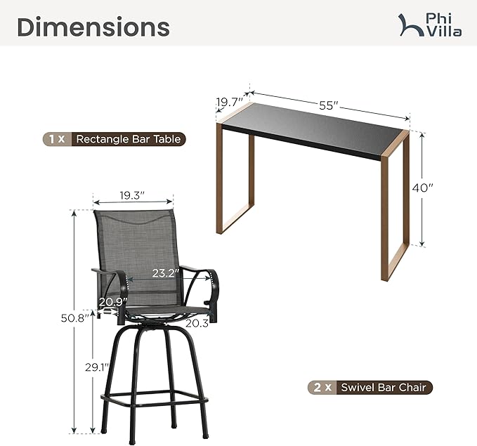 PHI VILLA 3 Piece Outdoor Bar Set, Bar Height Patio Bistro Table and Bar Chairs with Gray Textilene Fabric & Rustproof Metal Frame for Backyard, Balcony, Garden Poolside