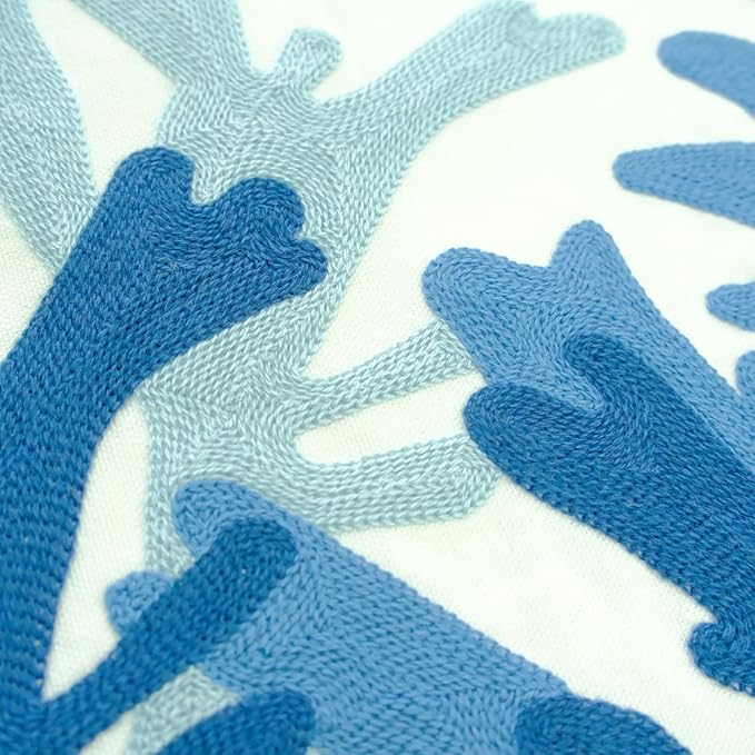 Embroidered Decorative Throw Pillow Cover, 18"x18" Set of 2, Farmhouse Pillowcase Blue Corals Knit Pattern Cotton Canvas Cushion Case Square Floral Pillow Case for Sofa Couch Bed Living Room