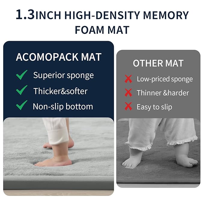 ACOMOPACK Baby Play Mat for Floor 1.3" Thick Memory Foam 50x50 Soft Velvet Playpen Mat for Kids,Infants,Toddlers,Tummy Time Crawling Mats with Non-Slip Bottom,Yoga,Tatami,Nursery Rug(Light Grey)