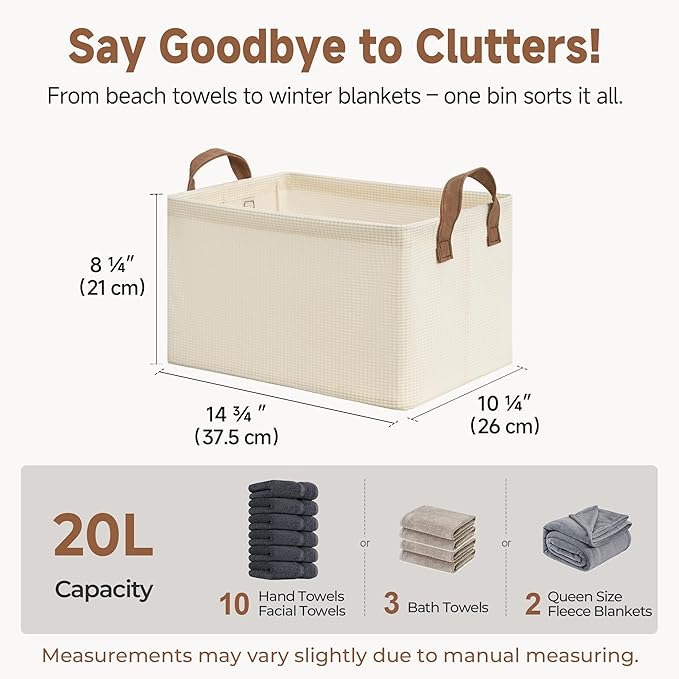 StorageWorks Storage Bins, Shelves Baskets for Organizing, Fabric Closet Organizers with Handles, Metal Frame, Beige(Texture), 2-Pack
