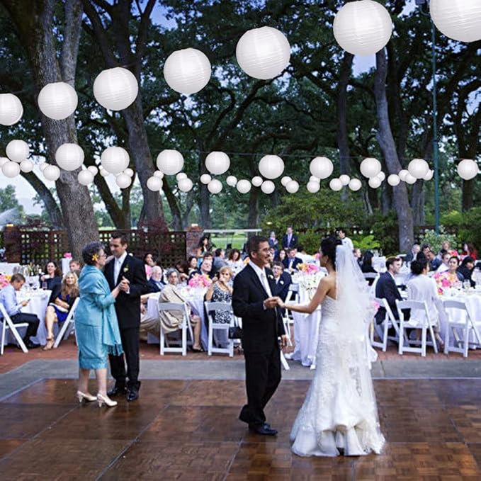 Paper Lanterns Decorative, White Hanging Round Chinese Lanterns with Lights for Wedding Anniversary Birthday Party 12 LED Light Pack of 12