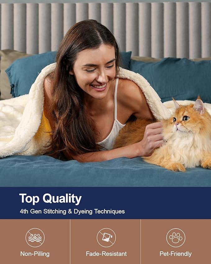 Pawque Super Soft Cozy Throw Blanket King Size for Couch Bed, Fluffy Sherpa Fleece Reversible Thick Warm Fuzzy Blanket for All-Season, 3D Checkered Jacquard Decorative Blankets, Cream White, 108"x90"