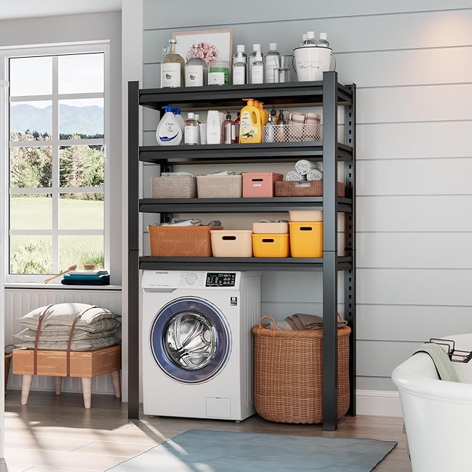 Laundry Room Storage Organizer, Over The Washer and Dryer Storage Shelves for Laundry Organization, 35" W x 14" D x 63" H, Suit Washing Machine Width Within 32.6", Hold 500 lb, Black