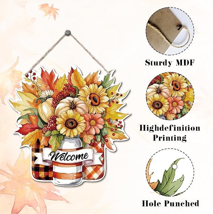 Thanksgiving Welcome Door Sign Pumpkin Hanging Decor Fall Wooden Sign Autumn Decorations, Outdoor Farmhouse Porch, Autumn Harvest Thanksgiving Home Decorations, Housewarming Gift