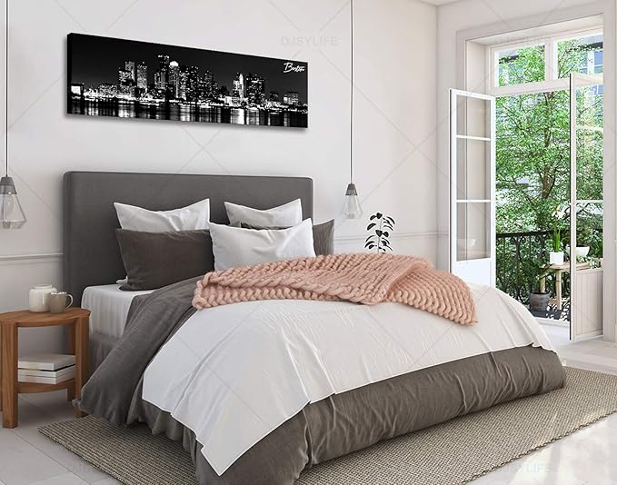 DJSYLIFE Boston Skyline Wall Art Canvas Wall Art Black and White Modern Panoramic Cityscape Pictures Paintings for Bedroom Office Decor, Ready to Hang 13.8"x47.3"
