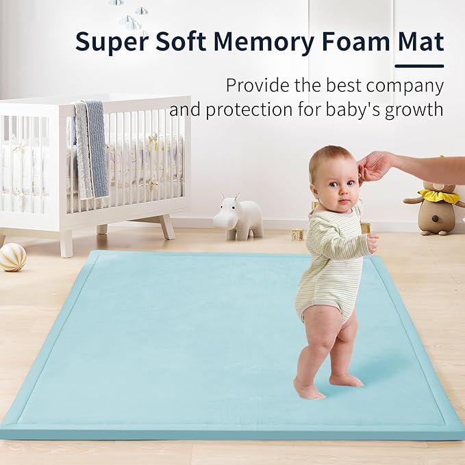 ACOMOPACK Baby Play Mat for Floor 1.3" Thick Memory Foam Play Mat 79"×118" Tummy Time Crawling with Non-Slip Bottom for Living Room,Nursery,Soft Velvet Playpen Mats for Kids,Infants(Light Blue)