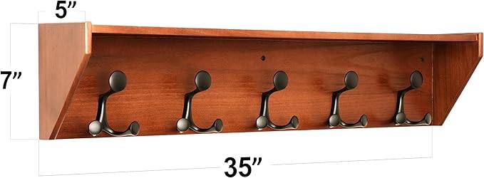 SKOLOO Wall Shelf with Hooks, 35-Inch Cherry Coat Rack Wall Mount with Shelf Organizer - Lightweight & Sturdy, 5 Tri Hooks - Perfect for Entryway, Hallway, Living Room, Bedroom, Mudroom