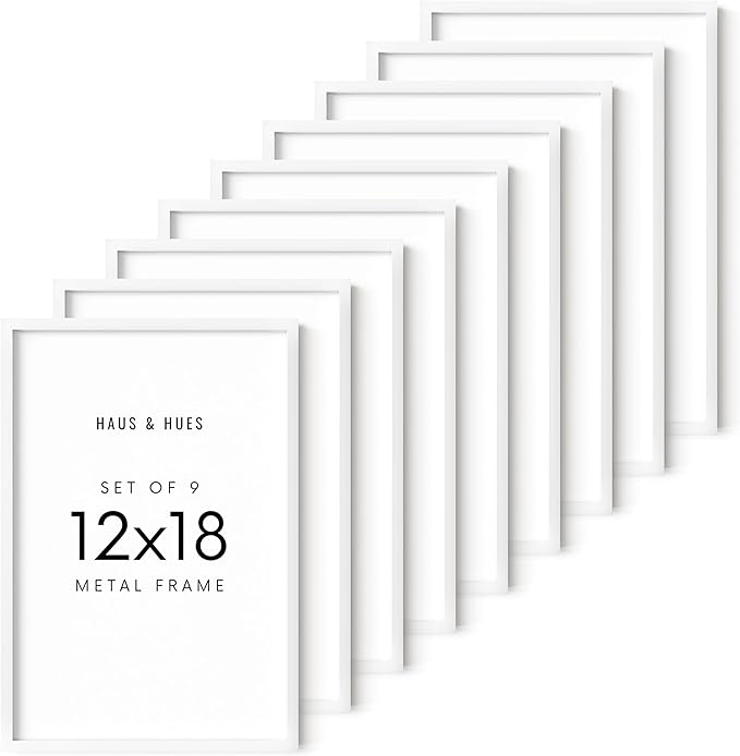 HAUS AND HUES 12x18 White Metal Picture Frames - Features Premium Aluminum, Vertical & Horizontal Hang, Shatterproof Plexiglass - Ideal for Home, Room, Office (12x18 in, White, Set of 9)