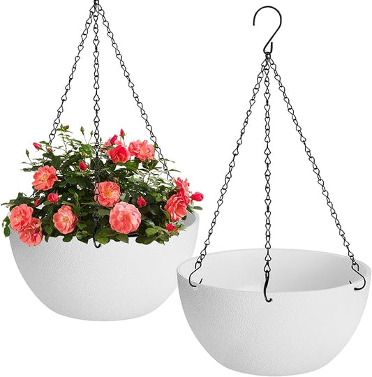 10 inch Hanging Planters for Indoor Plants, 2 Pack Planters for Outdoor Plants with Drainage Holes and Chain, Round Plastic Hanging Baskets, Hanging Flower Pots for Balcony Garden Decor-White