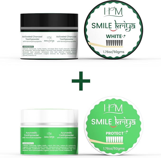 HM - Smile Kriya Ayurvedic Toothpowder Duo (Pack of 2) | Whitens Teeth Naturally, Remineralizes Enamel, Strengthens Gums & Freshens Breath | Activated Charcoal & NanoHydroxyapatite | 1.76 oz X 2
