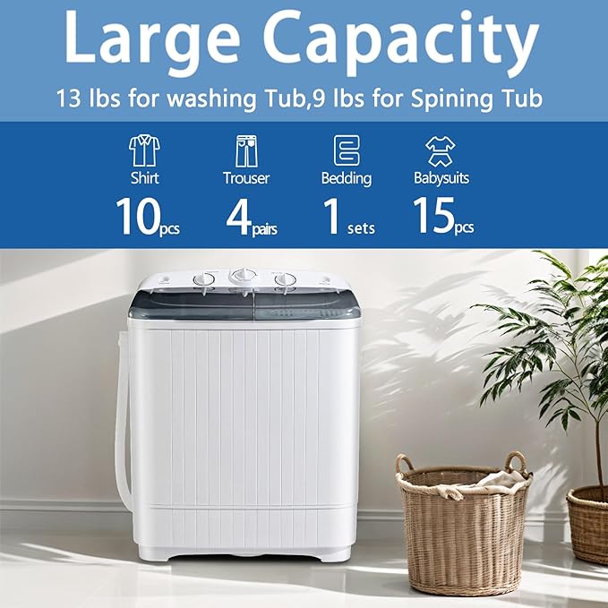 Portable Mini Twin Tub 22lbs Washing Machine With Drying Rack& 10 Hangers, 13lbs Washer & 9lbs Spinner, Small Laundry Washer with Time Control for Camping, Apartments, RV (22lbs)