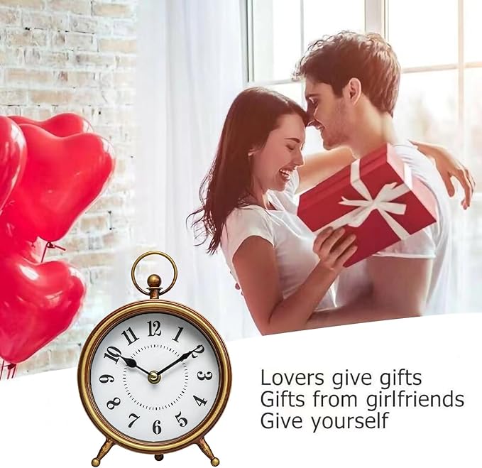 Small Gold Table and Shelf Desk Clock,Vintage Small Table Clock on Stand, Decorative Desk and Shelf Clock Farmhouse Mantel Non-Ticking Clock Rustic Metal Frame with Antique Gold Finish