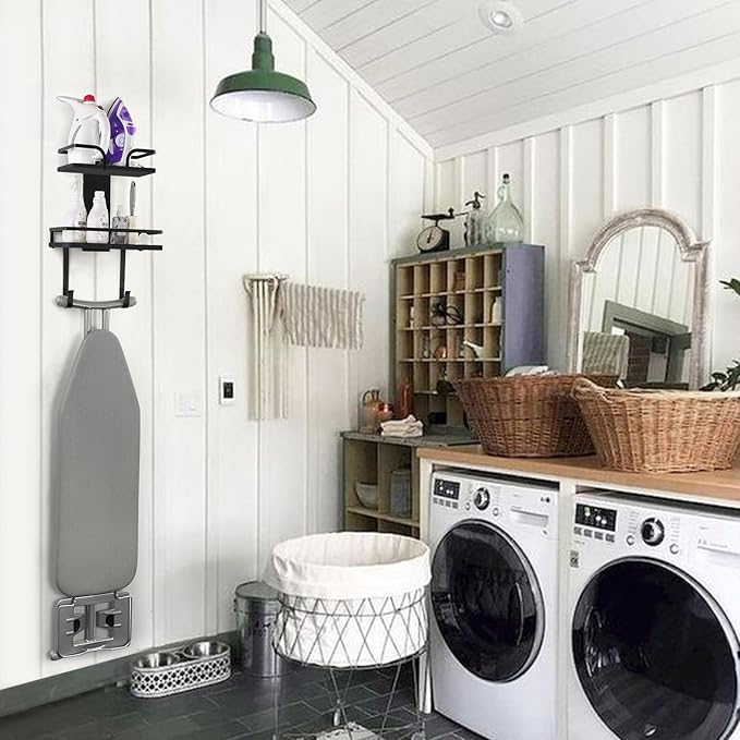 VINAEMO Ironing Board Hanger Wall Mount, 2-Layer Iron and Ironing Board Holder, Laundry Room Shelves Solid Wood with Removable Hooks Home Organization and Storage