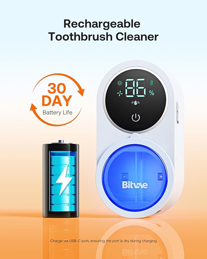 Bitvae Toothbrush Cleaner & Toothbrush Holder, Cleaning and Air Drying, LED Smart Screen, Rechargeable Wall Mount Toothbrush Holder for Bathrooms