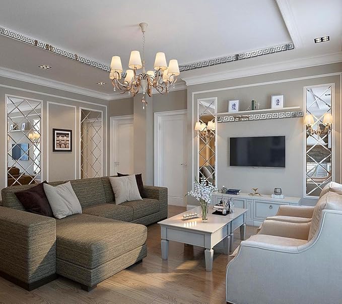 15 Pcs DIY Geometric Shape Acrylic Decorative Mirror Stickers Removable Adhesive Wall Mirror Décor for Living Room Home Background (Silver,3.15 * 7.87inches)